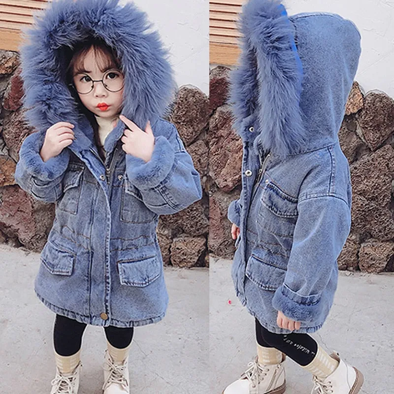 Baby Girls Coats Winter Denim Jackets With Fur Hooded