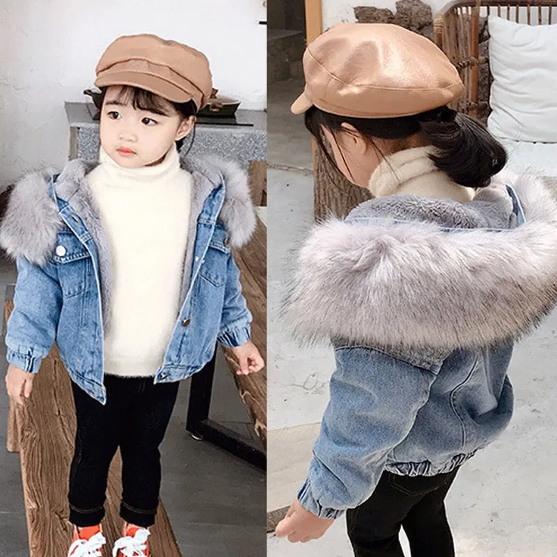 Baby Girls Coats Winter Denim Jackets With Fur Hooded