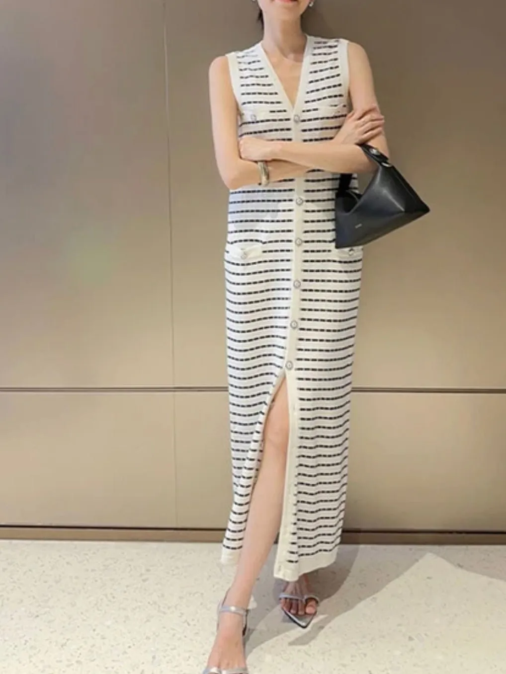 Beige and black striped knitted dress