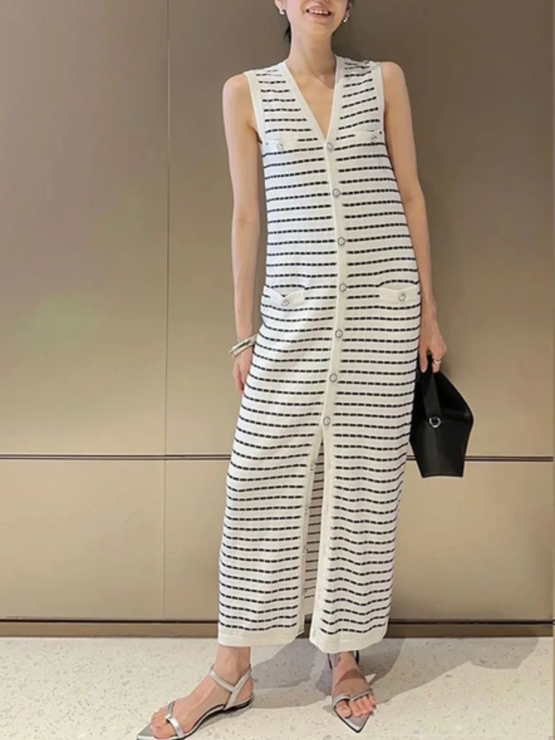 Beige and black striped knitted dress