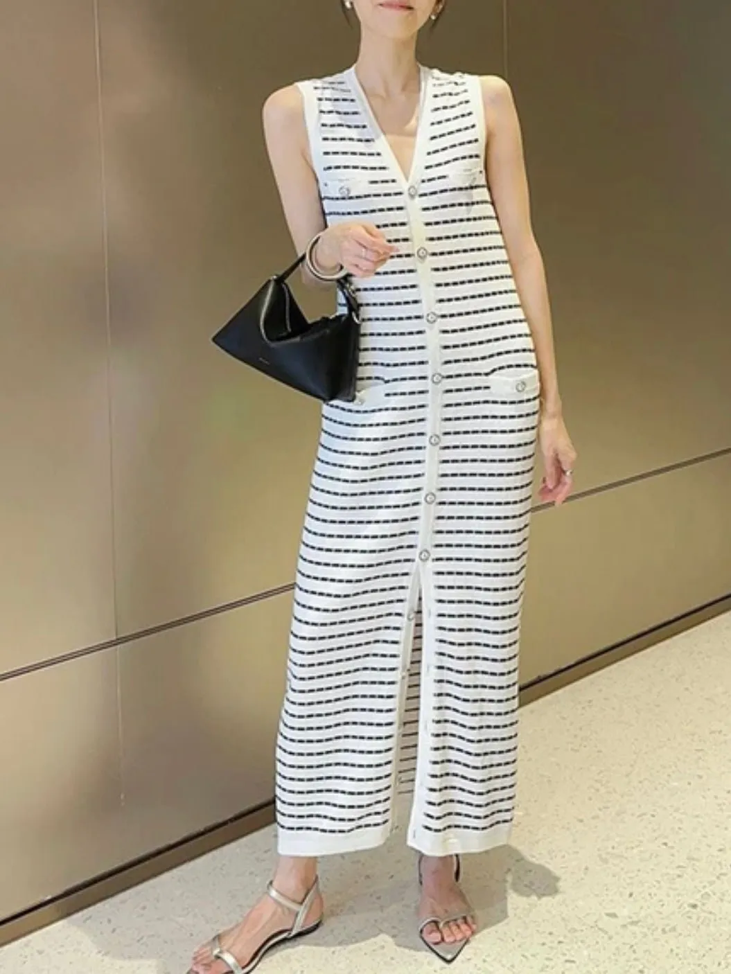 Beige and black striped knitted dress