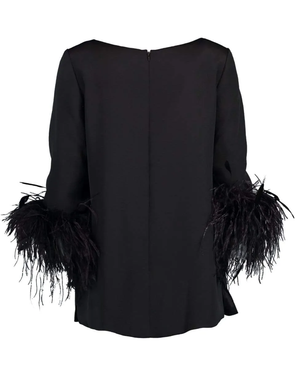 Black Feather Cuff Boat Neck Top