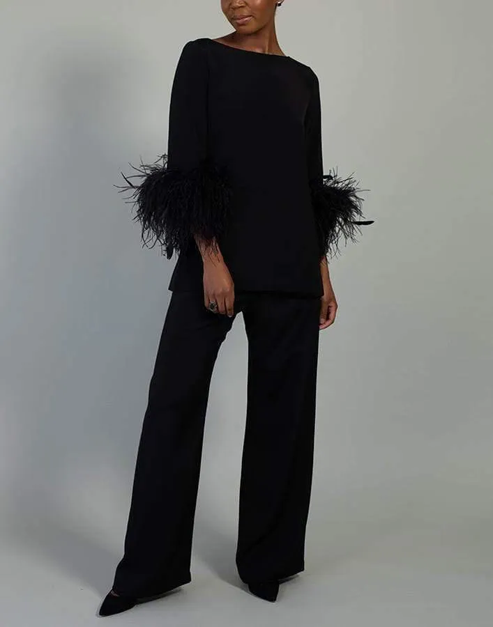 Black Feather Cuff Boat Neck Top