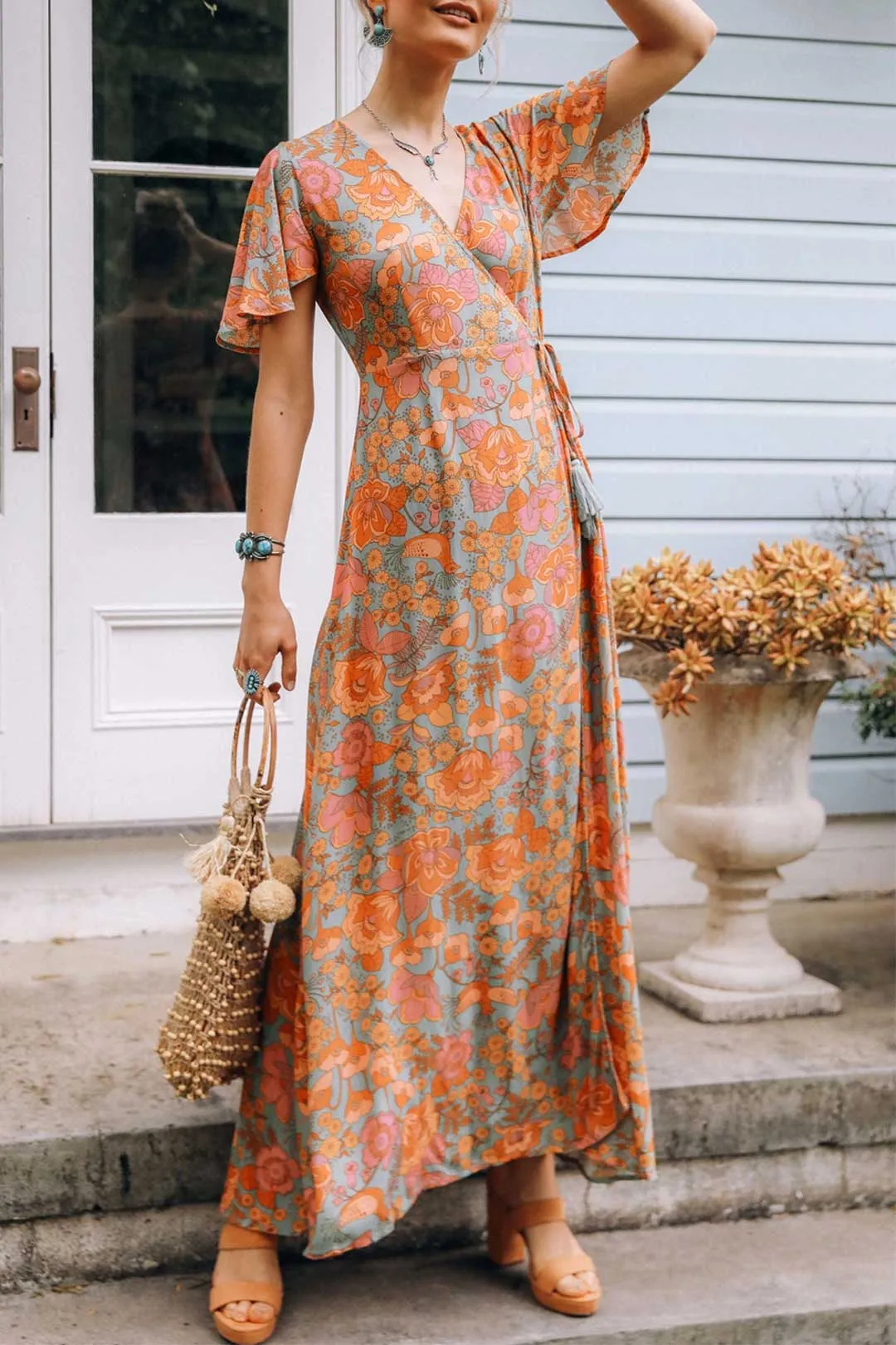 Boho Maxi Dress, Sundress, De Rosa Vintage Orange