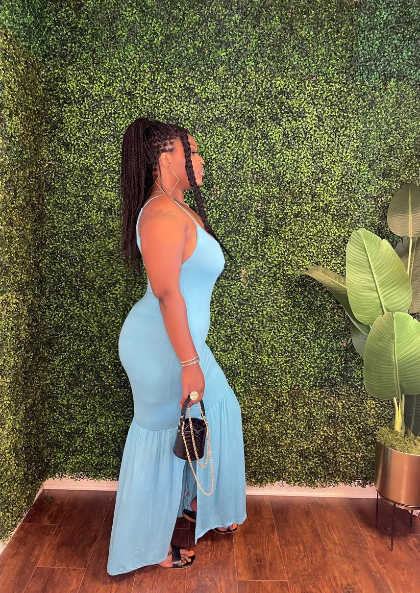 Cami Open Slit Solid Maxi Dress (Pastel Teal)