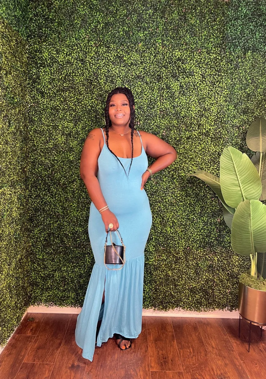 Cami Open Slit Solid Maxi Dress (Pastel Teal)
