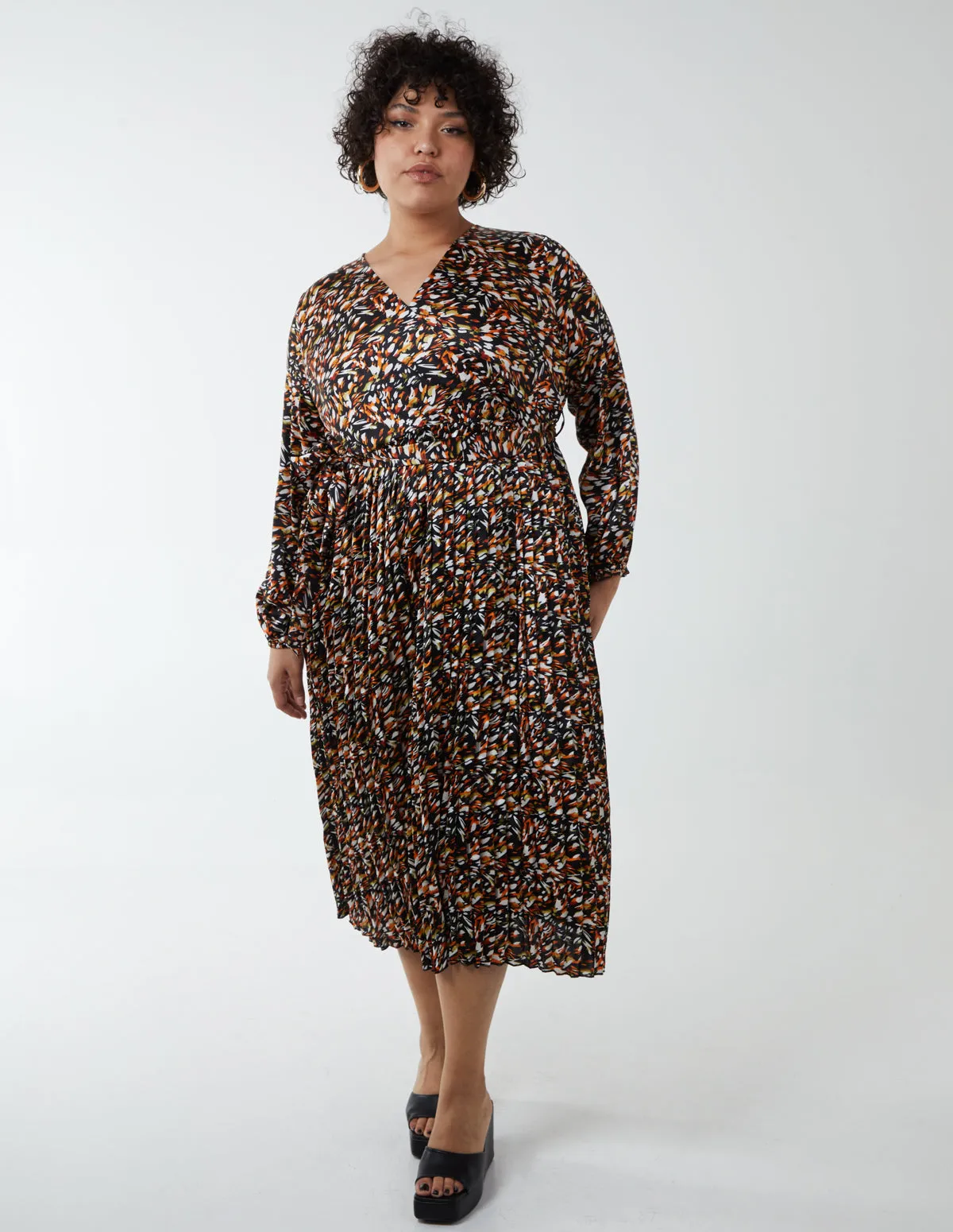 Curve Wrap Front Belted Pleated Midi Dress