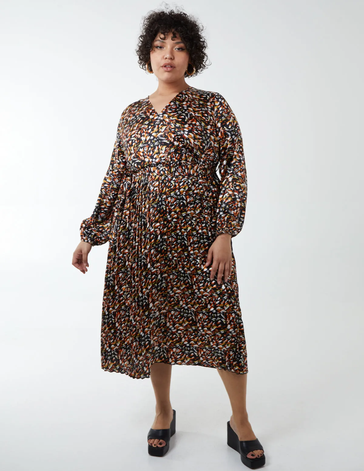 Curve Wrap Front Belted Pleated Midi Dress