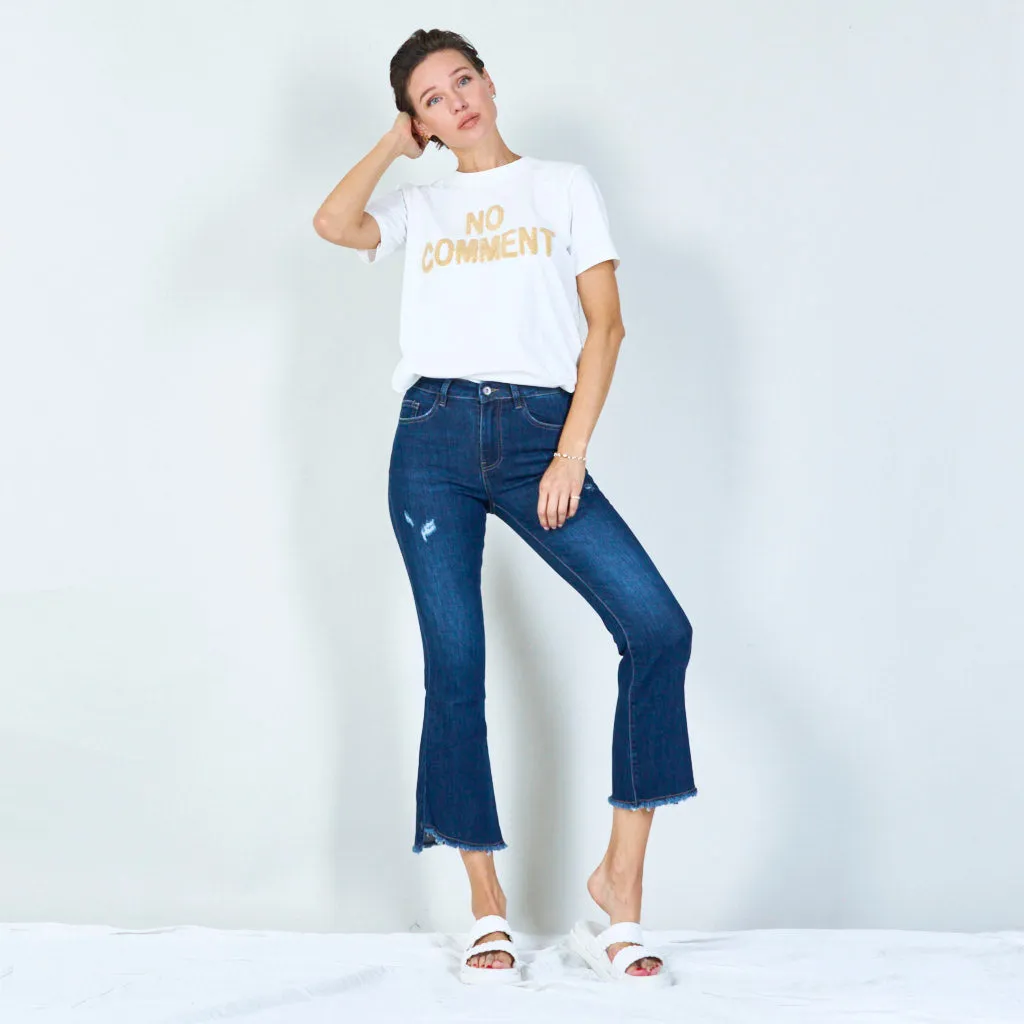 Distressed high-waisted flared jeans with raw hem wholesale