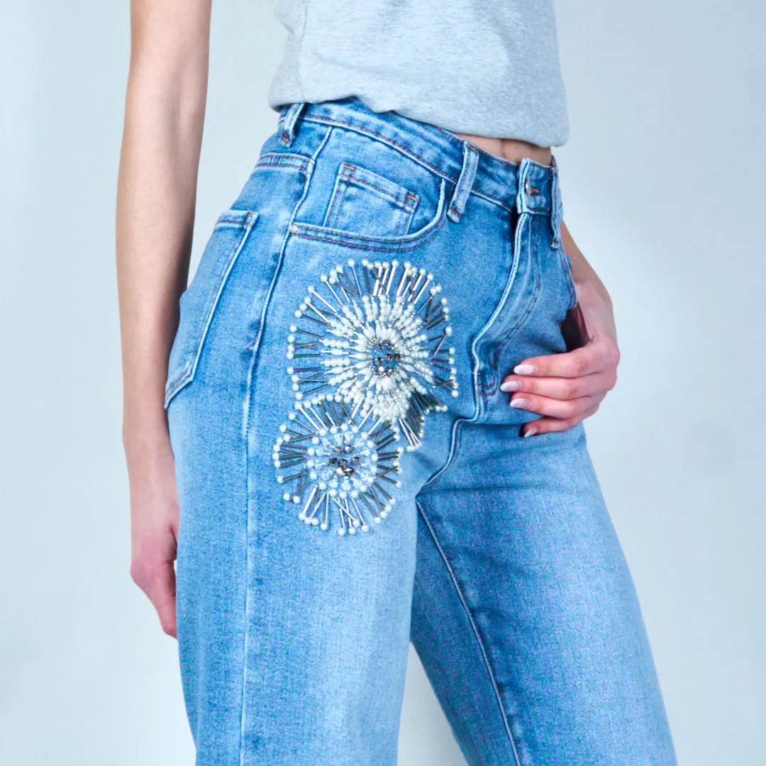 Floral pearl-embellished denim jeans wholesale