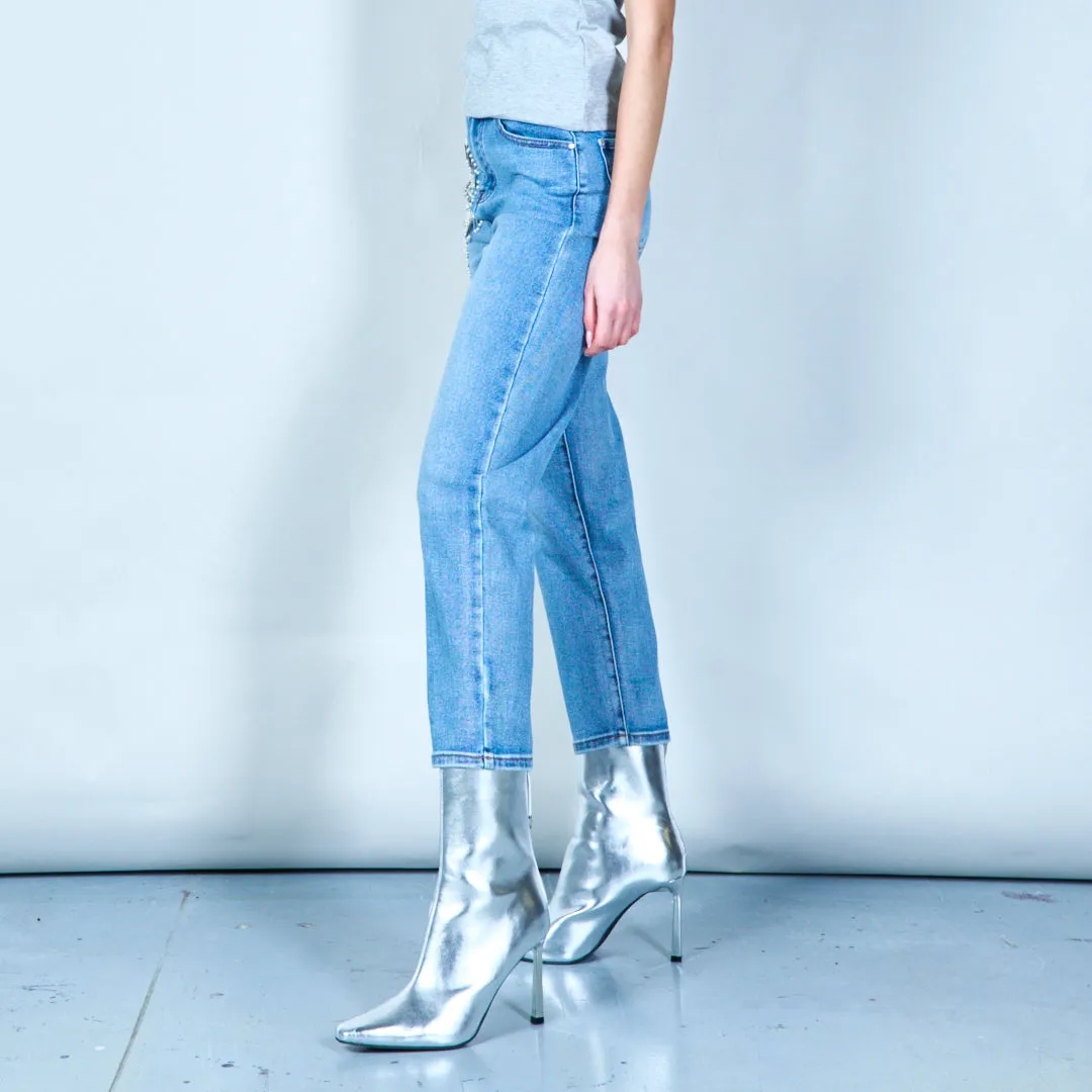 Floral pearl-embellished denim jeans wholesale