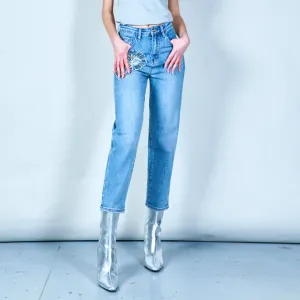 Floral pearl-embellished denim jeans wholesale