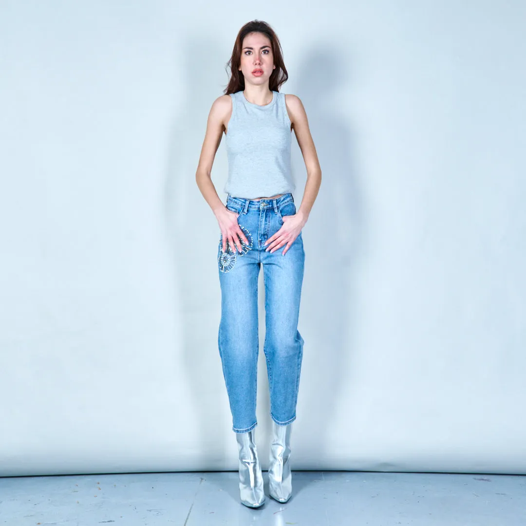 Floral pearl-embellished denim jeans wholesale