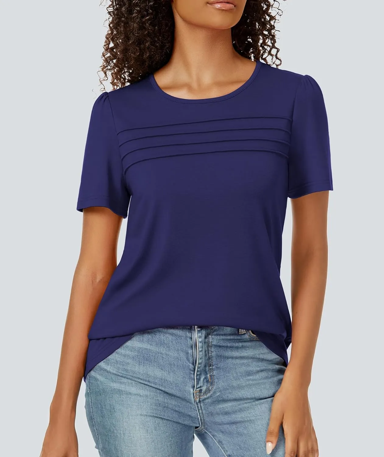 Funlingo Womens Tops Short Sleeve T Shirts 2025 Trendy Dressy Casual Summer Crewneck Spring Blouse Loose Pleated Front