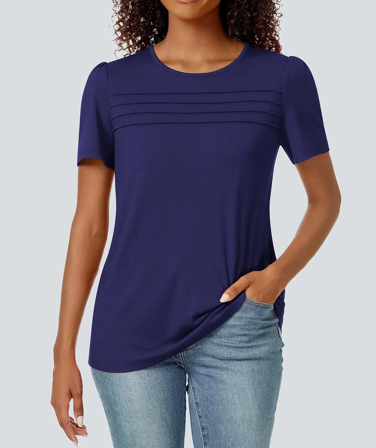 Funlingo Womens Tops Short Sleeve T Shirts 2025 Trendy Dressy Casual Summer Crewneck Spring Blouse Loose Pleated Front