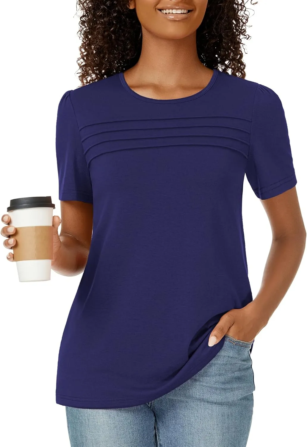 Funlingo Womens Tops Short Sleeve T Shirts 2025 Trendy Dressy Casual Summer Crewneck Spring Blouse Loose Pleated Front