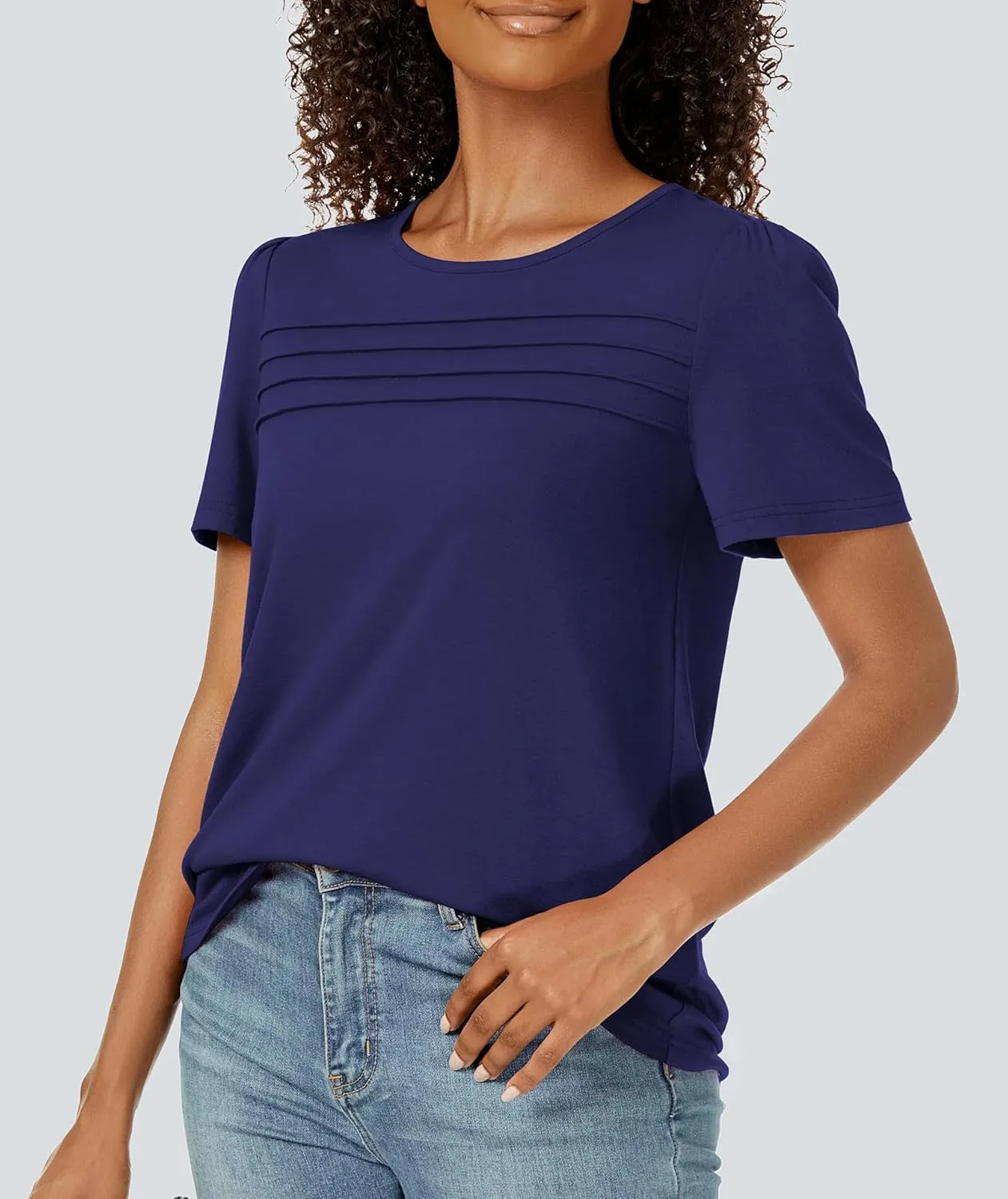 Funlingo Womens Tops Short Sleeve T Shirts 2025 Trendy Dressy Casual Summer Crewneck Spring Blouse Loose Pleated Front