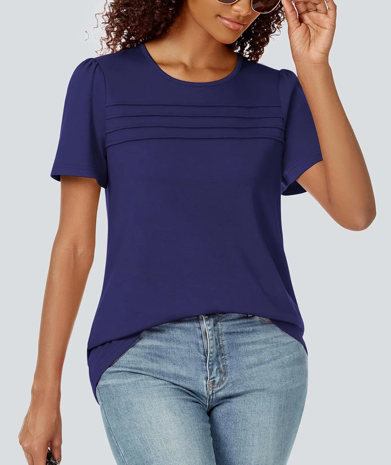 Funlingo Womens Tops Short Sleeve T Shirts 2025 Trendy Dressy Casual Summer Crewneck Spring Blouse Loose Pleated Front