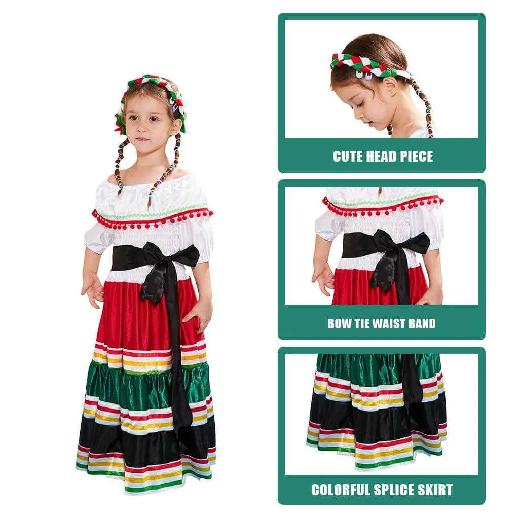 Girls Mexican Dress Halloween Costume Kids Traditional Senorita Blouse Dance Skirt