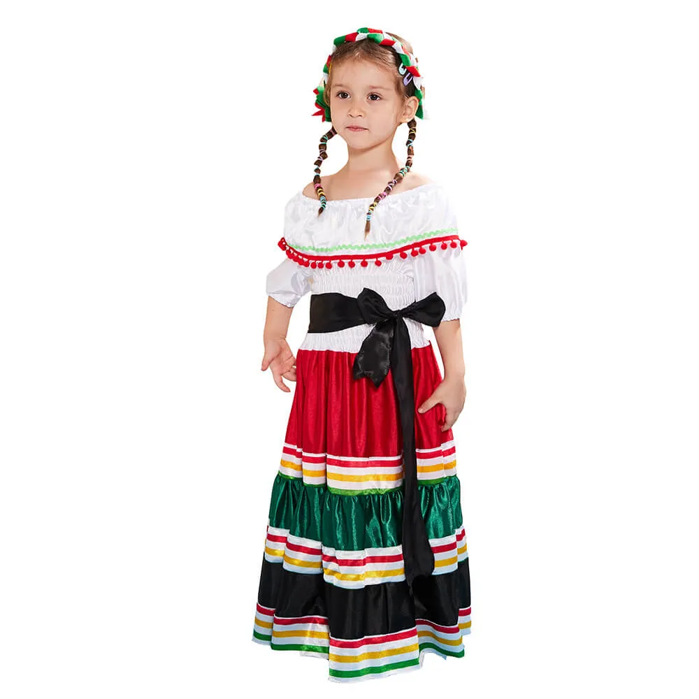 Girls Mexican Dress Halloween Costume Kids Traditional Senorita Blouse Dance Skirt