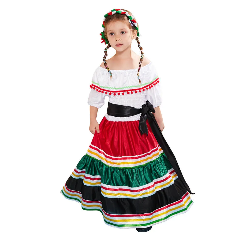 Girls Mexican Dress Halloween Costume Kids Traditional Senorita Blouse Dance Skirt