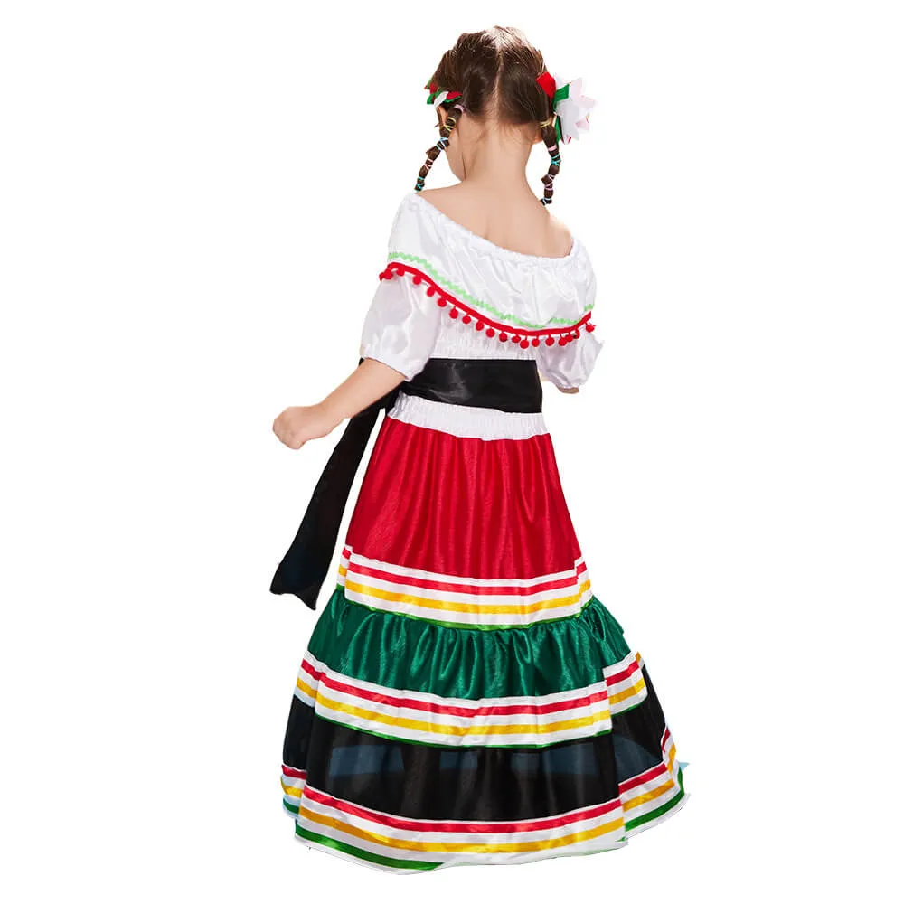Girls Mexican Dress Halloween Costume Kids Traditional Senorita Blouse Dance Skirt