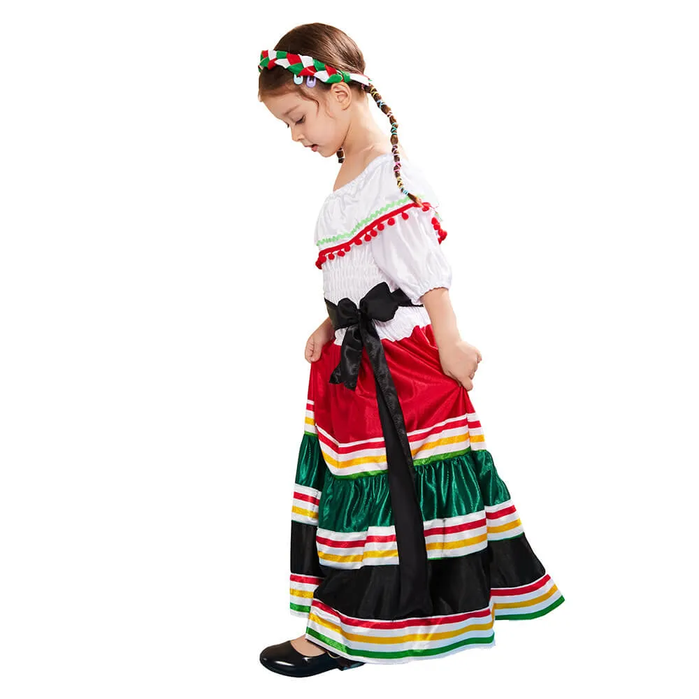 Girls Mexican Dress Halloween Costume Kids Traditional Senorita Blouse Dance Skirt