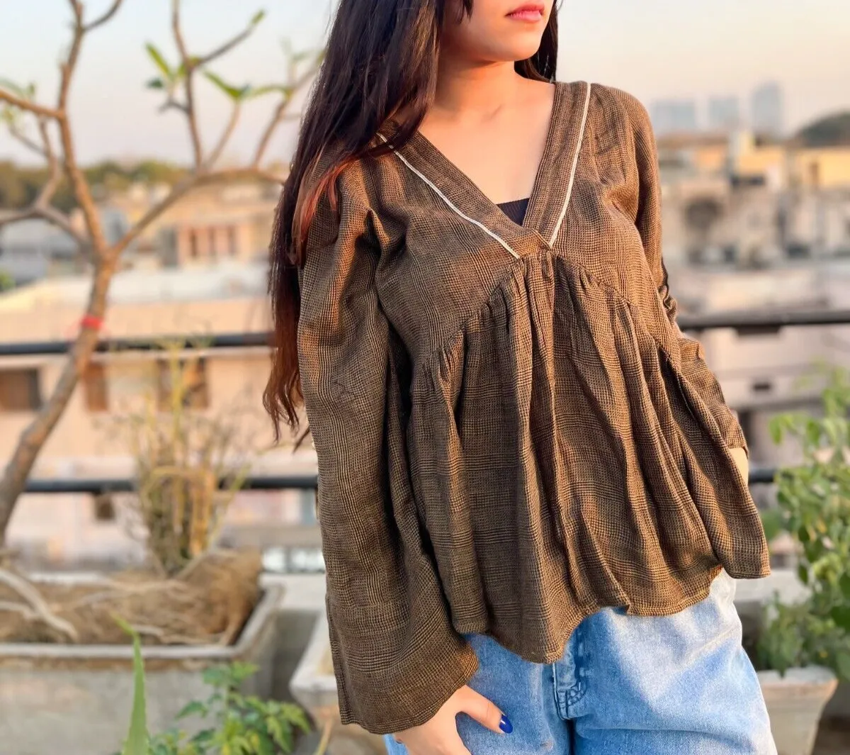 IRO Plaid Peplum-Hem Solid Babydoll Blouse Top