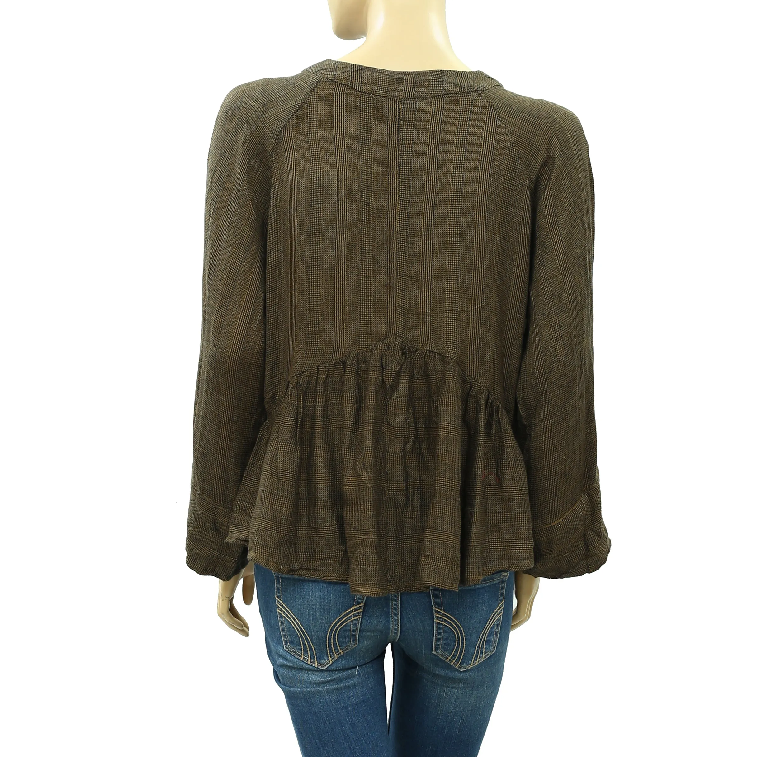 IRO Plaid Peplum-Hem Solid Babydoll Blouse Top
