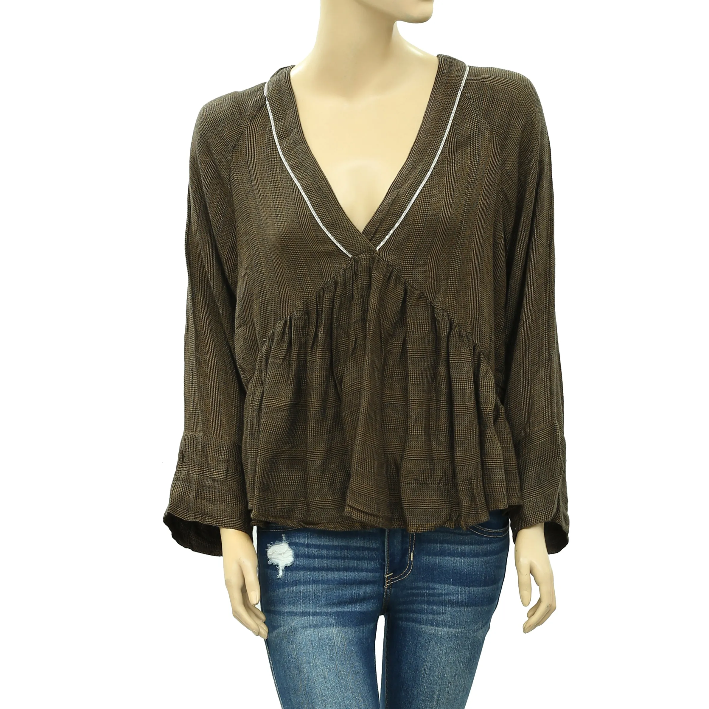 IRO Plaid Peplum-Hem Solid Babydoll Blouse Top