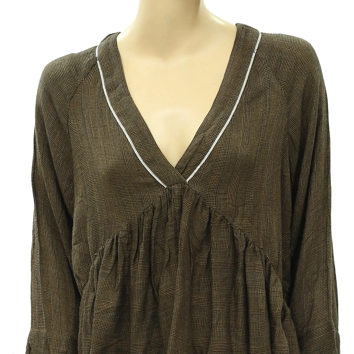 IRO Plaid Peplum-Hem Solid Babydoll Blouse Top