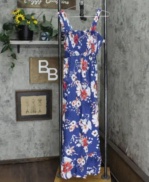 Isabel Maternity Maternity Floral Print Sleeveless Smocked Dress Navy Blue S