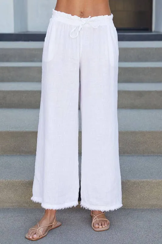 Italian Cotton Linen Fringe Hem Pant White