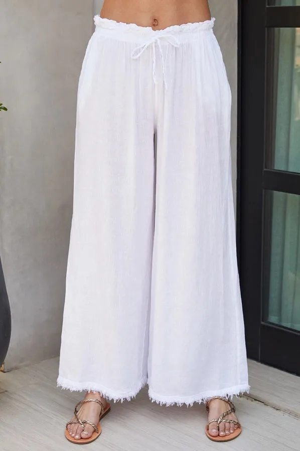 Italian Cotton Linen Fringe Hem Pant White