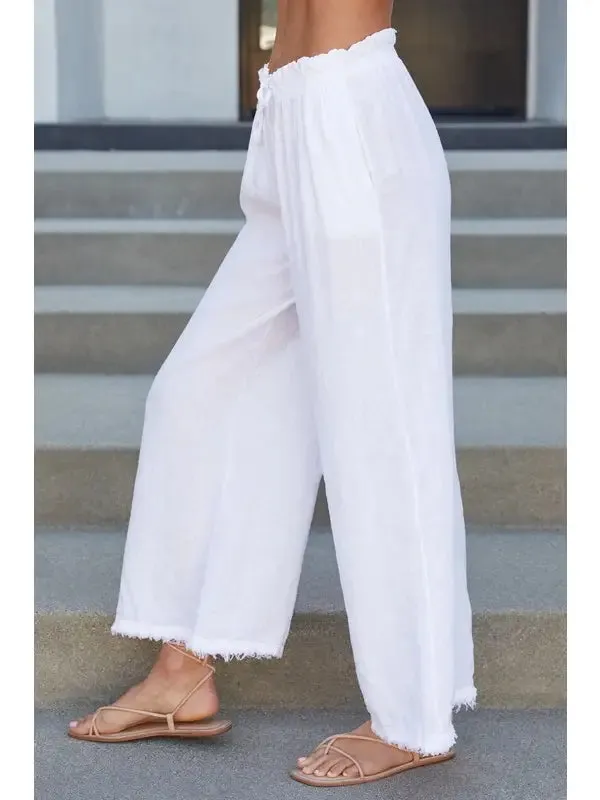 Italian Cotton Linen Fringe Hem Pant White