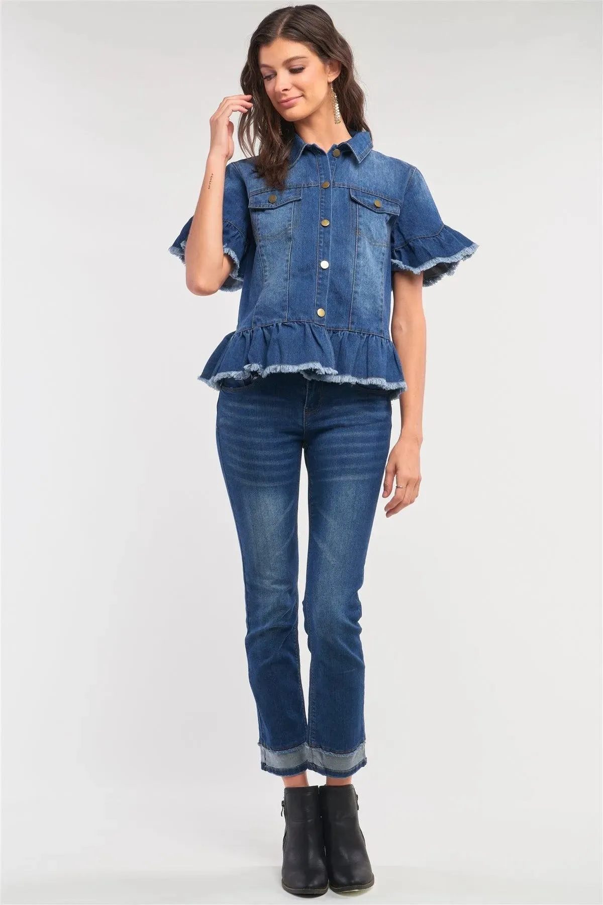 Medium Blue Washed Denim Effect Short Sleeve Button-Down Front Flare Shredded Hem Shirt Jacket /2-2-2