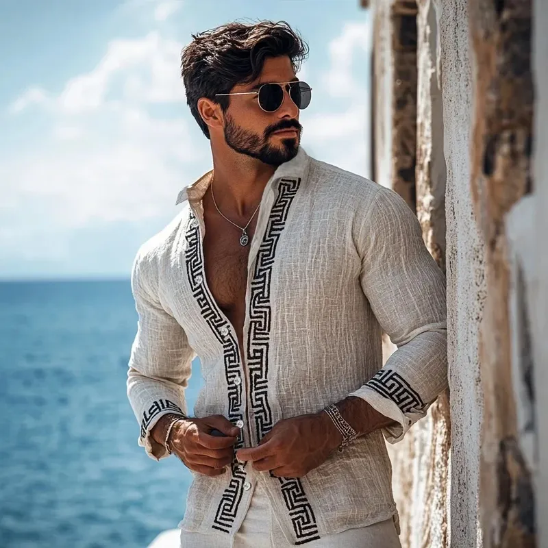 Men's Fashion Embroidery Lapel Long Sleeve Cotton And Linen Shirt 77022286Z