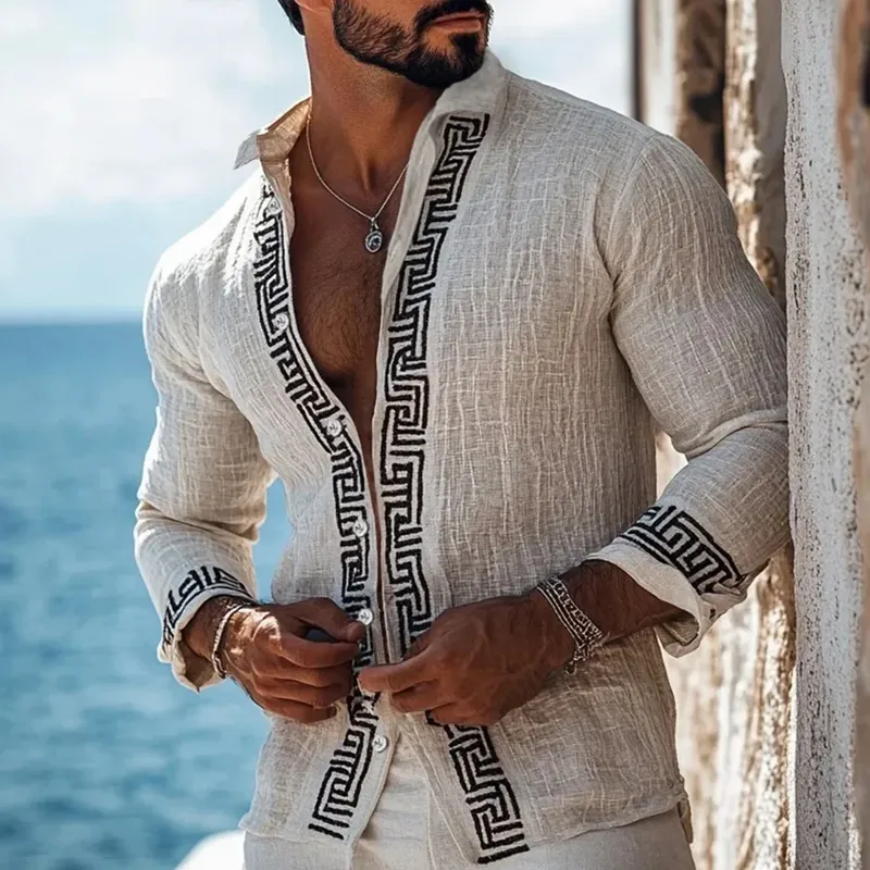 Men's Fashion Embroidery Lapel Long Sleeve Cotton And Linen Shirt 77022286Z