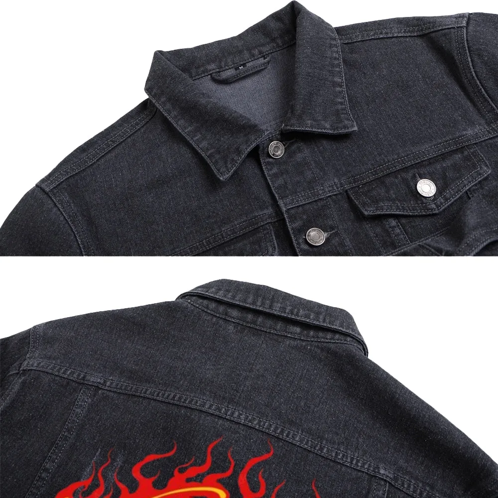 Mens Flame Graphic Button Up Denim Jacket