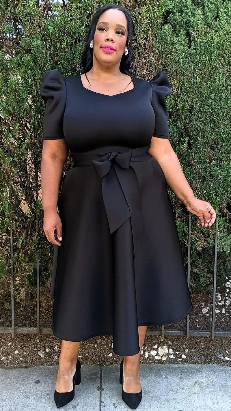 Plus Size short puff sleeves V-Neck Flowy Flare Midi Dress with Pockets and Belt