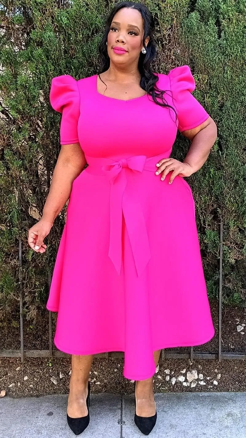 Plus Size short puff sleeves V-Neck Flowy Flare Midi Dress with Pockets and Belt