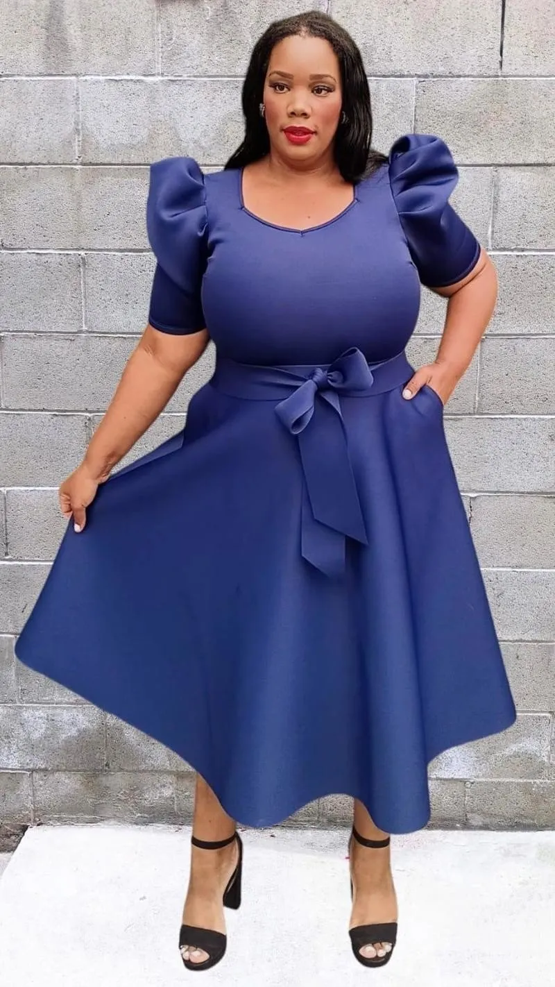 Plus Size short puff sleeves V-Neck Flowy Flare Midi Dress with Pockets and Belt