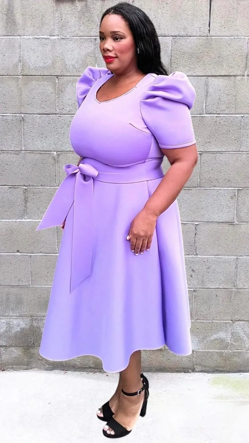 Plus Size short puff sleeves V-Neck Flowy Flare Midi Dress with Pockets and Belt