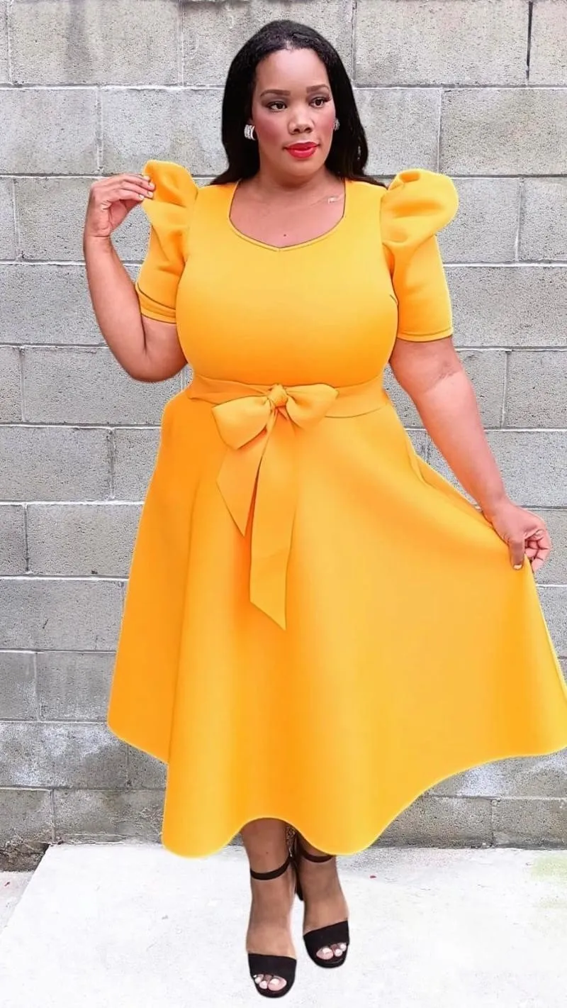 Plus Size short puff sleeves V-Neck Flowy Flare Midi Dress with Pockets and Belt