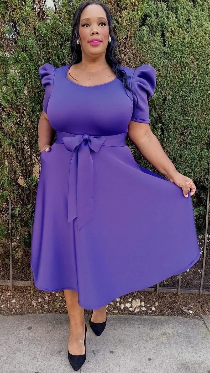 Plus Size short puff sleeves V-Neck Flowy Flare Midi Dress with Pockets and Belt
