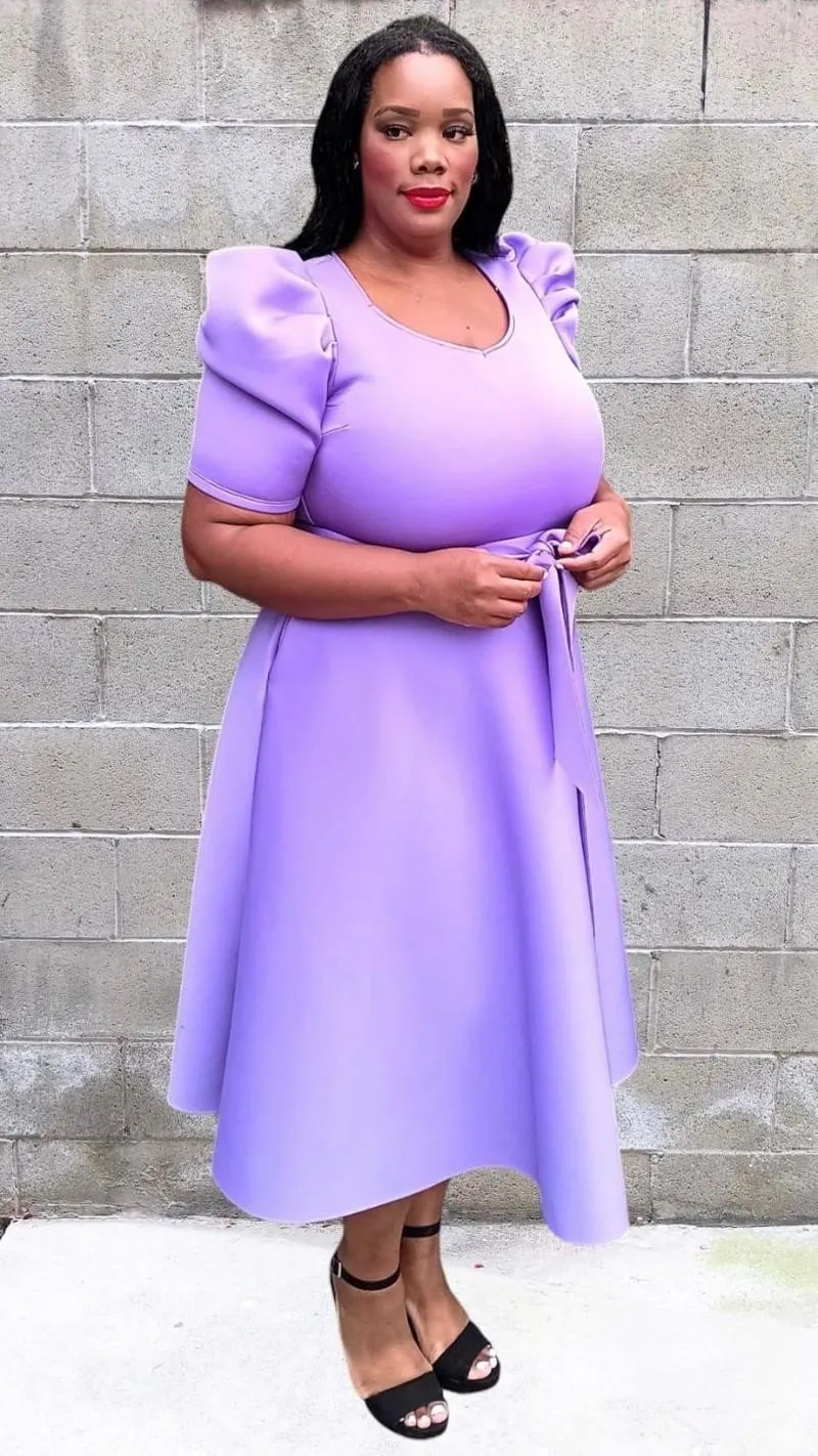 Plus Size short puff sleeves V-Neck Flowy Flare Midi Dress with Pockets and Belt