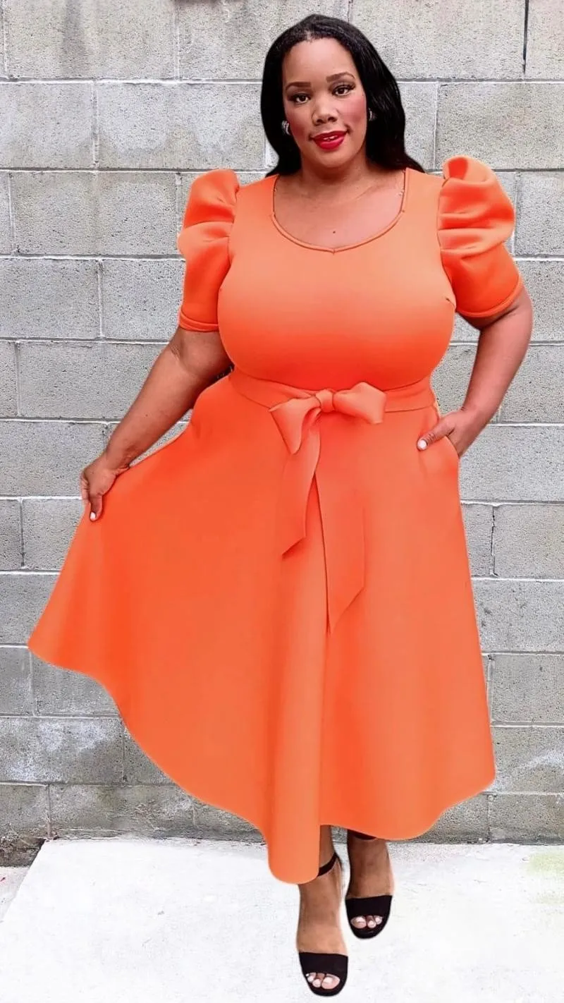 Plus Size short puff sleeves V-Neck Flowy Flare Midi Dress with Pockets and Belt