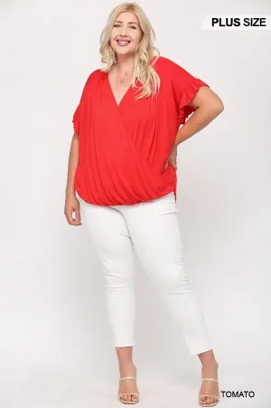 Plus Size Tomato Red V Neck Wrap Ruffle Sleeve Casual Loose Dolman Top Tunic Blouse