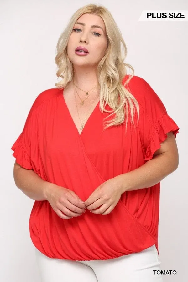 Plus Size Tomato Red V Neck Wrap Ruffle Sleeve Casual Loose Dolman Top Tunic Blouse