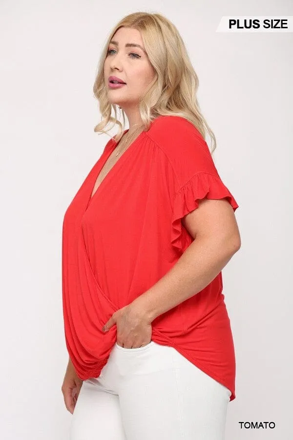 Plus Size Tomato Red V Neck Wrap Ruffle Sleeve Casual Loose Dolman Top Tunic Blouse